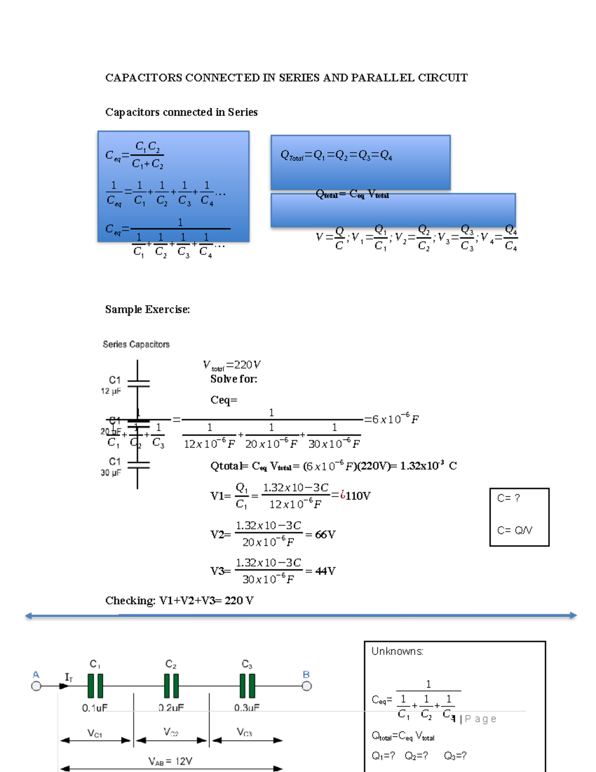 Capacitors IN Series AND IN Parallel - V total = 220 V C=? C= Q/V ...