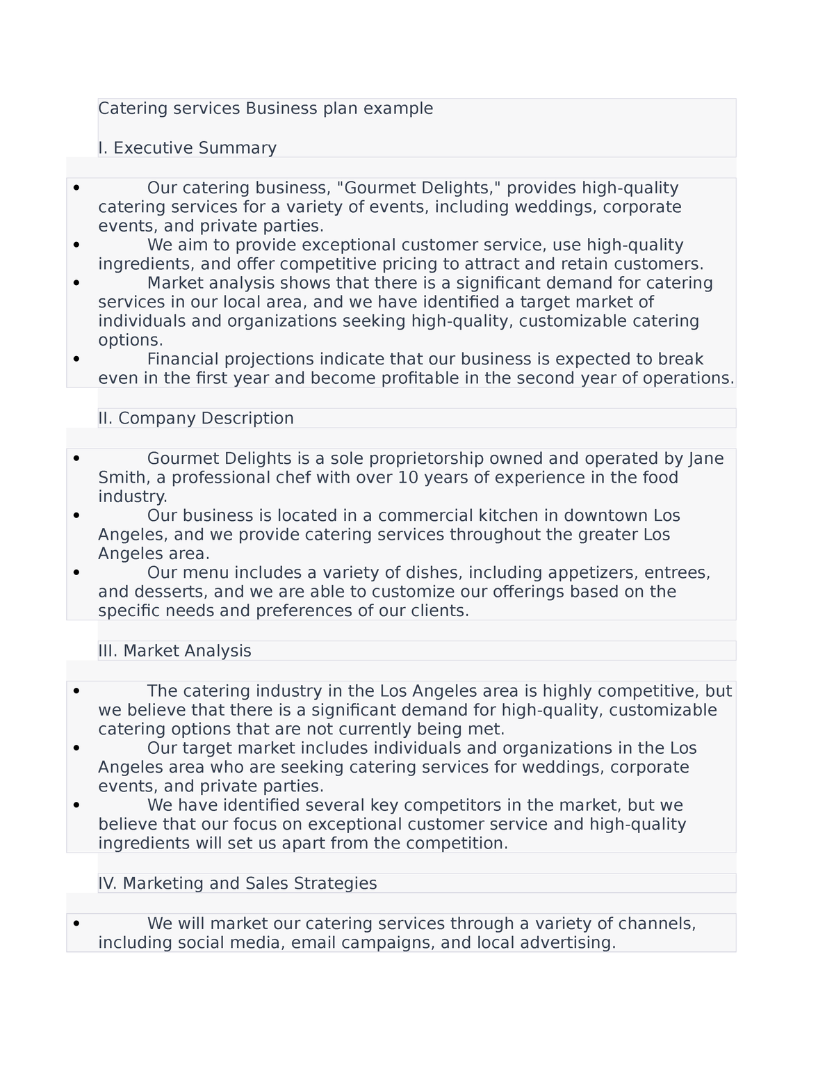 executive summary of catering business plan