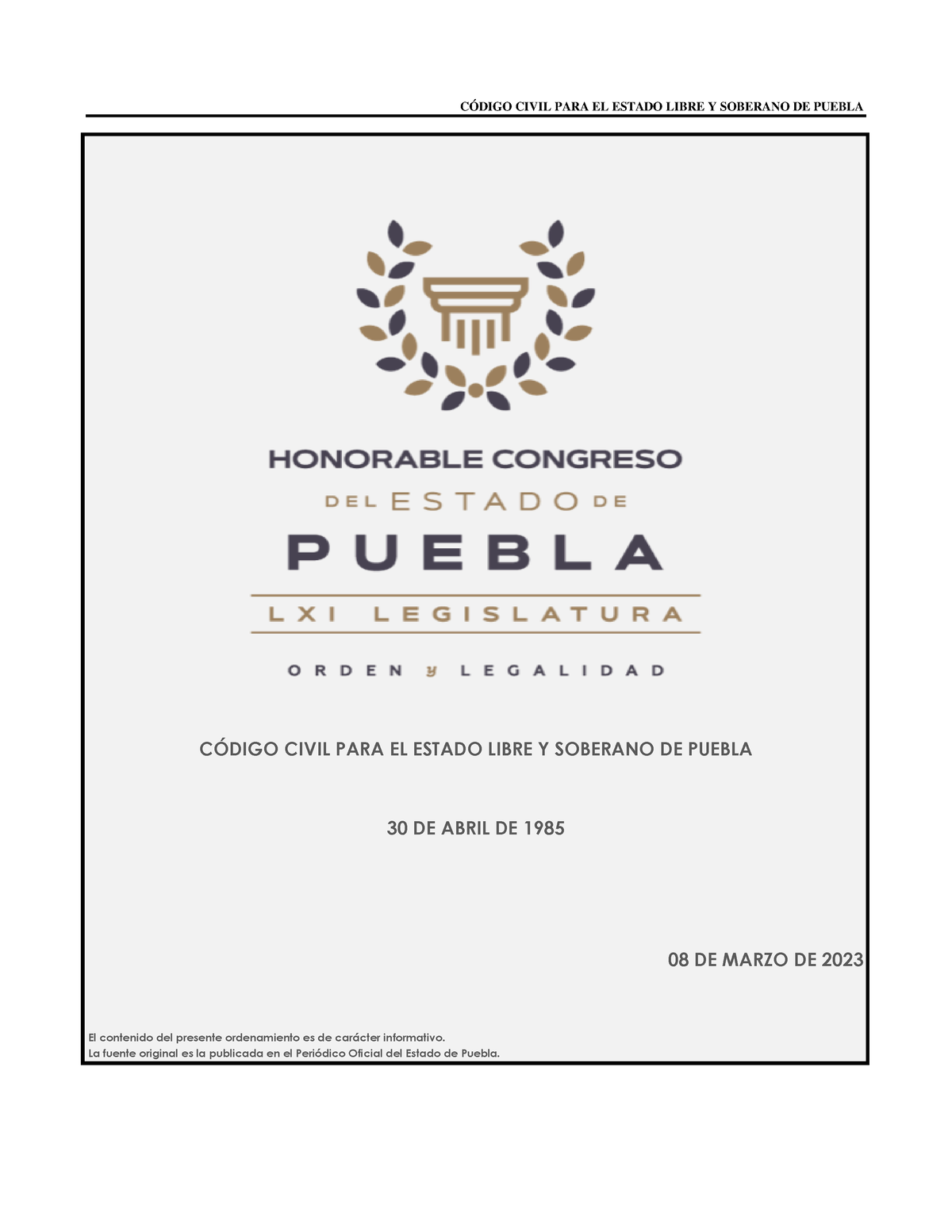 Codigo Civil para el Estado Libre y Soberano de Puebla 08 03 2023