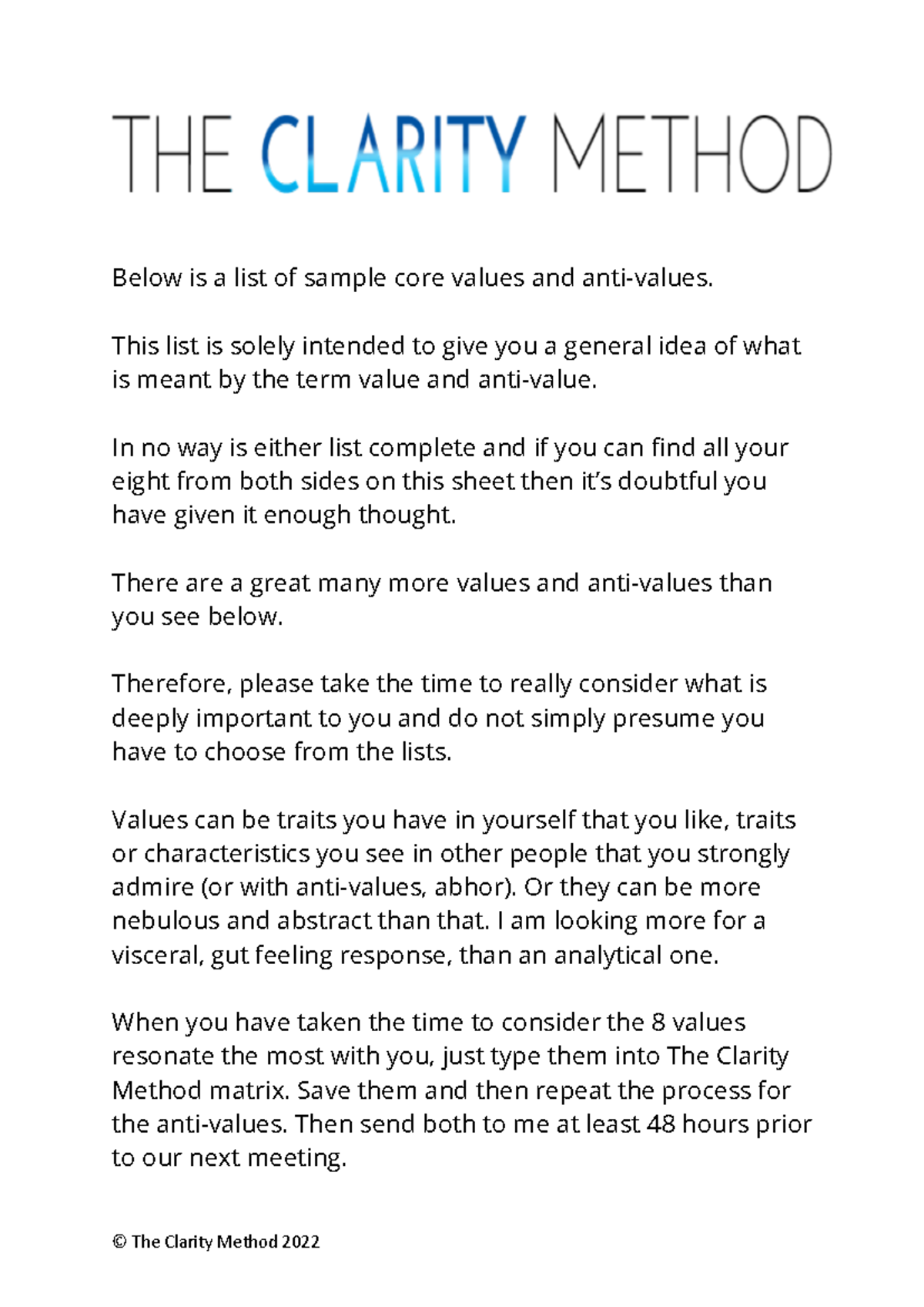 Values samples and explanation © The Clarity Method 2022 Below is a