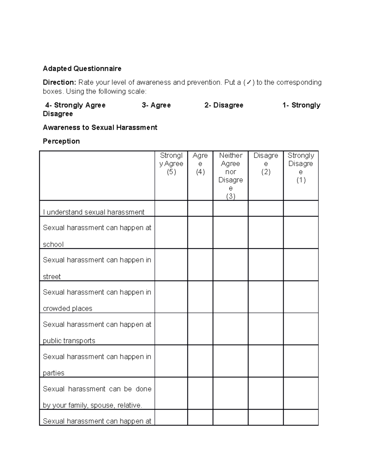 Reference - Research Paper - Adapted Questionnaire Direction: Rate your ...