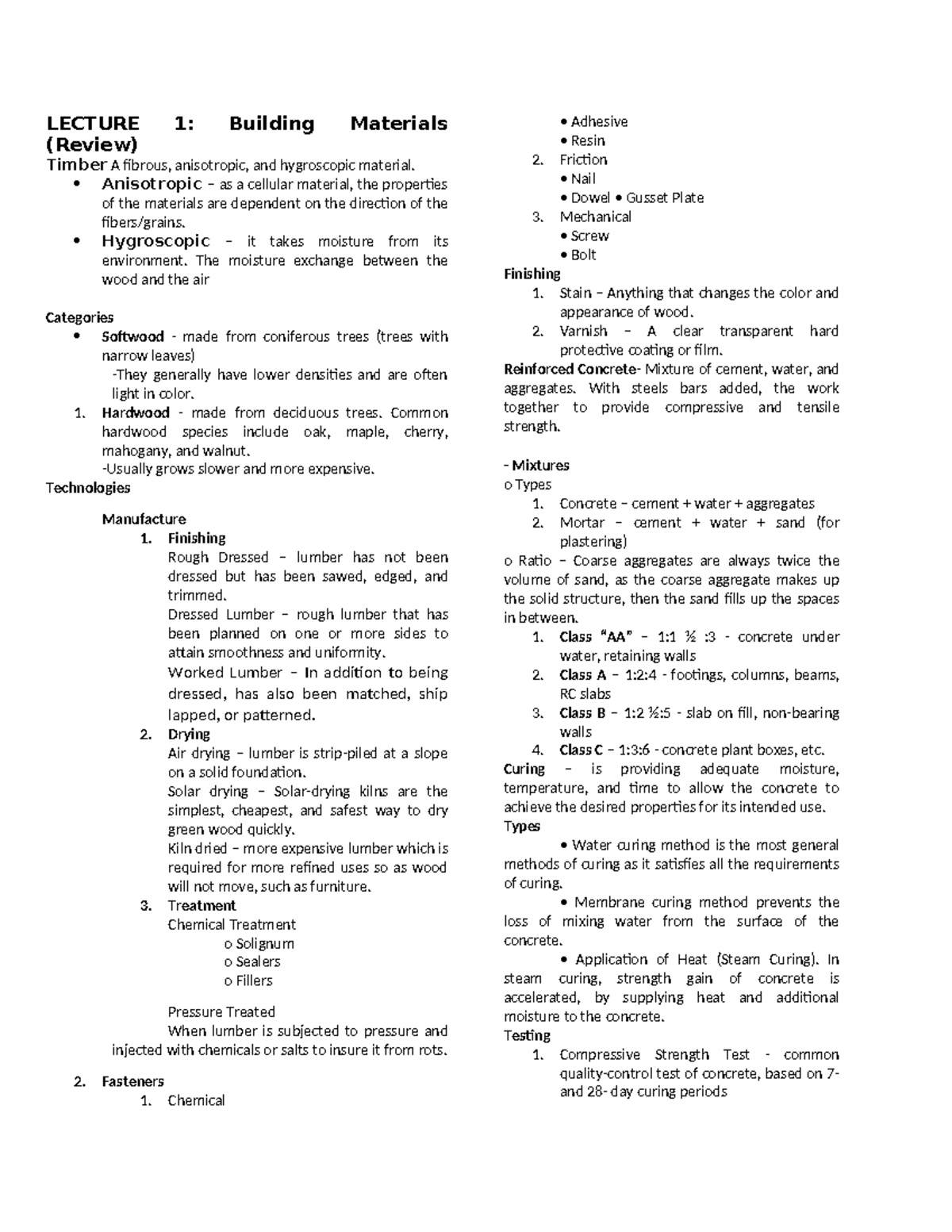 BT Reviewer - LECTURE 1: Building Materials (Review) Timber A fibrous ...