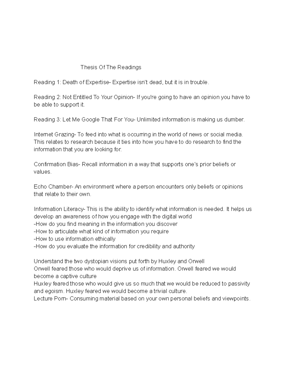 COMM 210 Information Literacy Packet Thesis Of The Readings Reading 1