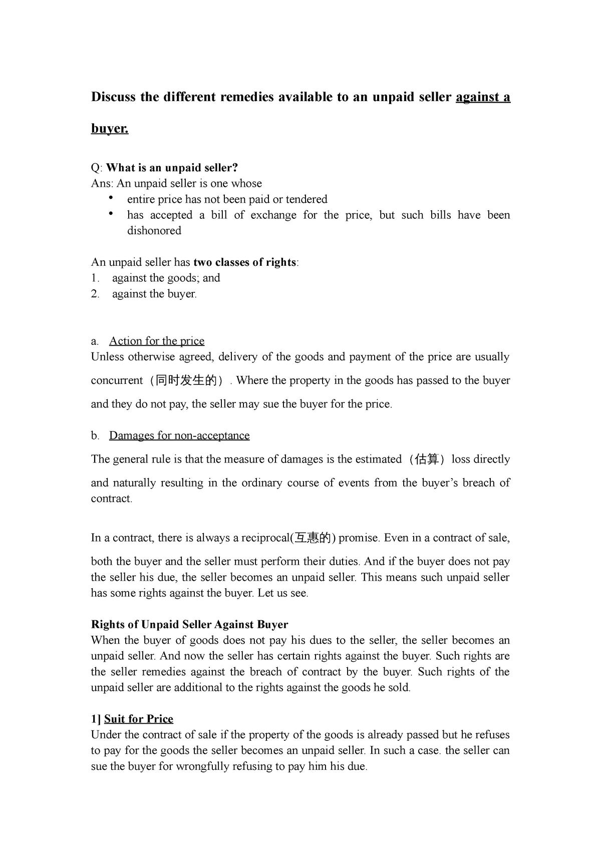 S1 Remedy Of Unpaid Seller Discuss The Different Remedies Available 