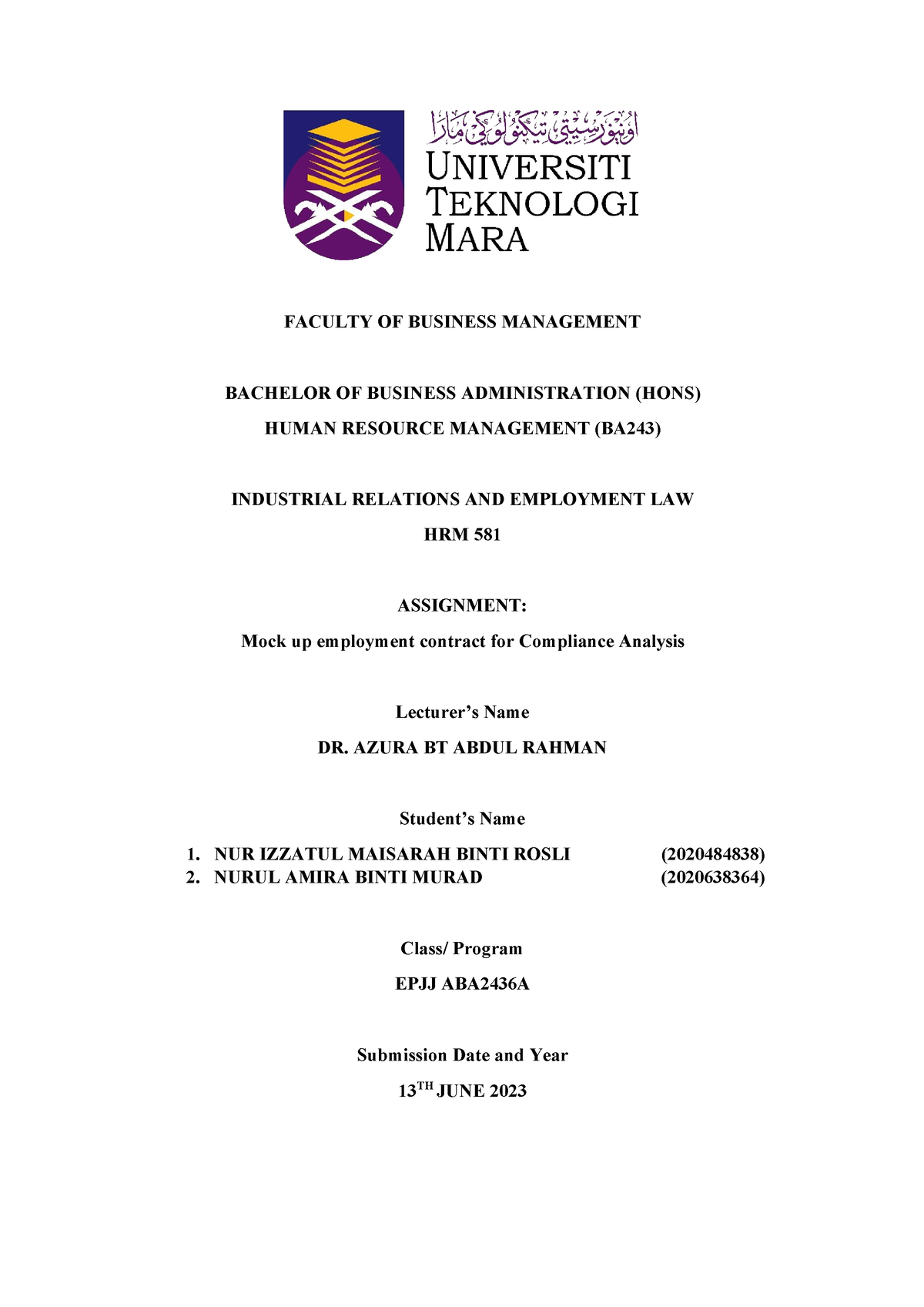 HRM 581 - CA assignment report - FACULTY OF BUSINESS MANAGEMENT ...