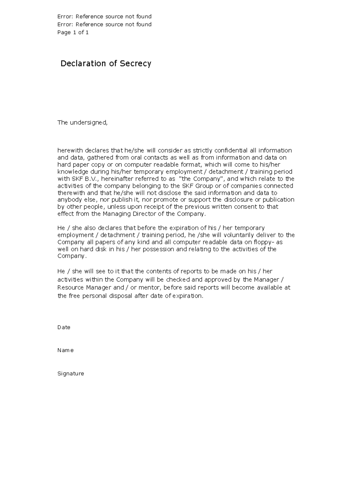 Confidentiality NDA template SKF - Error: Reference source not found ...