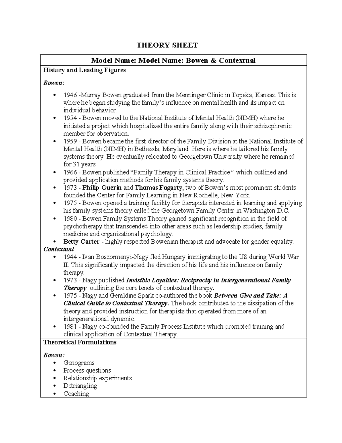 Bowen and Contextual Theory Sheet - THEORY SHEET Model Name: Model Name ...