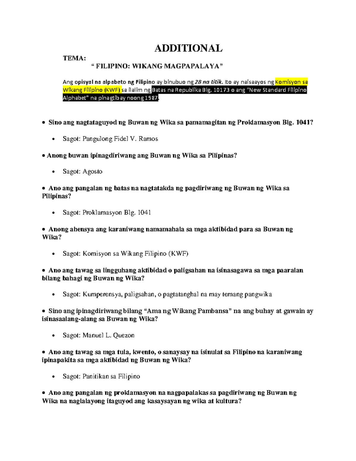 Additional - Food - ADDITIONAL TEMA: “ FILIPINO: WIKANG MAGPAPALAYA ...