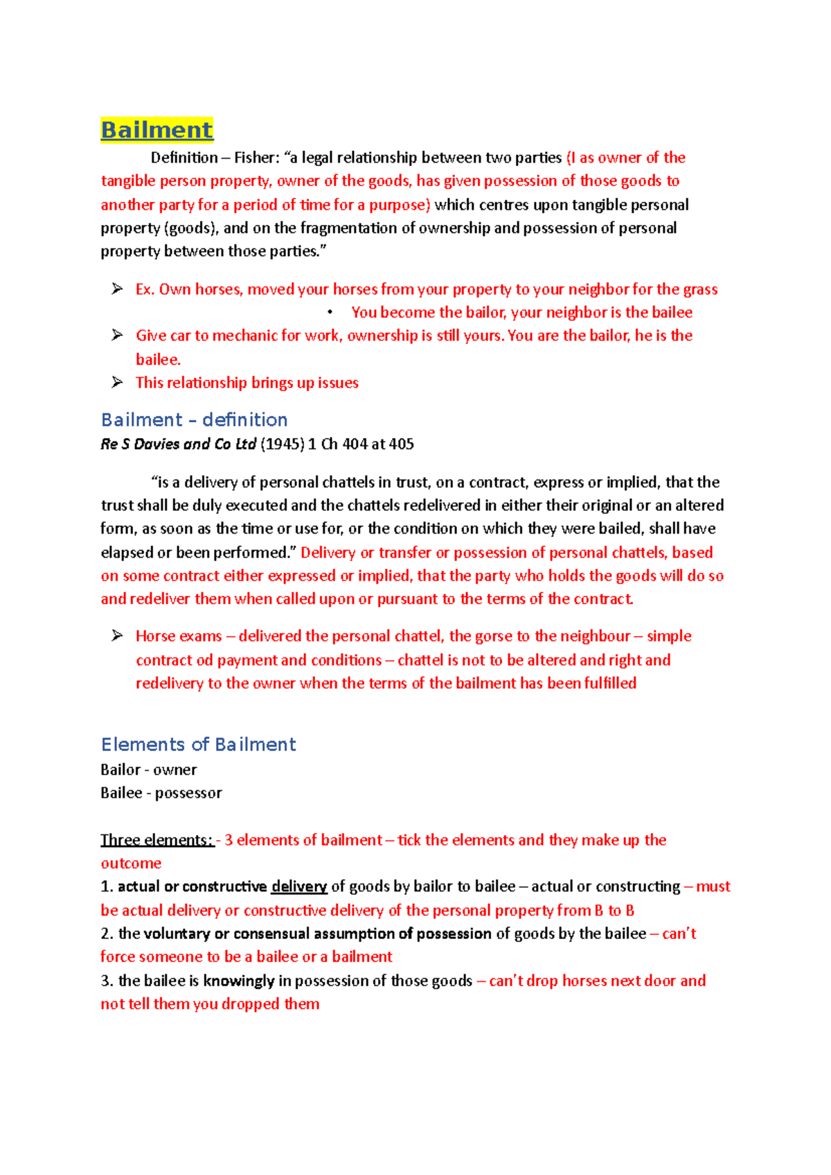 Bailment Summary Detail Notes - Bailment Definition – Fisher: “a Legal ...