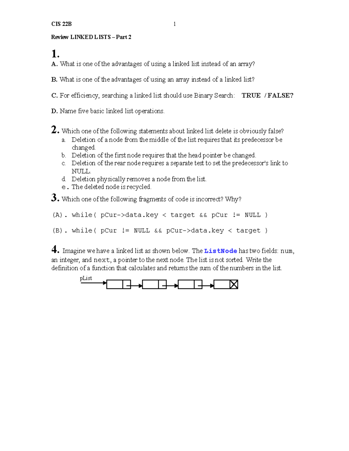 07 LL 2 Lecture- CIS 2 - De Anza College - CIS 22B Review LINKED LISTS ...