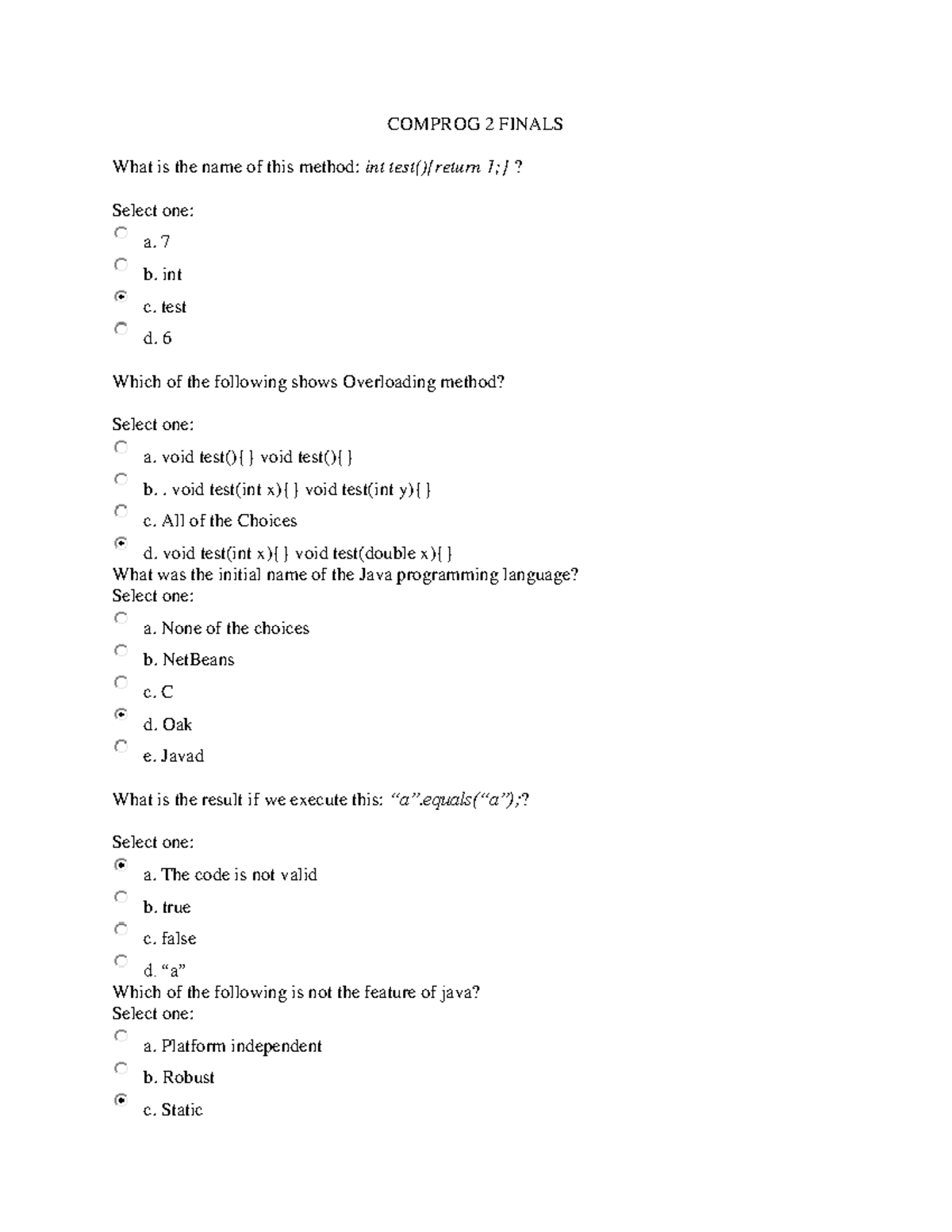 Comprog 2 quiz 1 2 - COMPROG 2 FINALS What is the name of this method ...