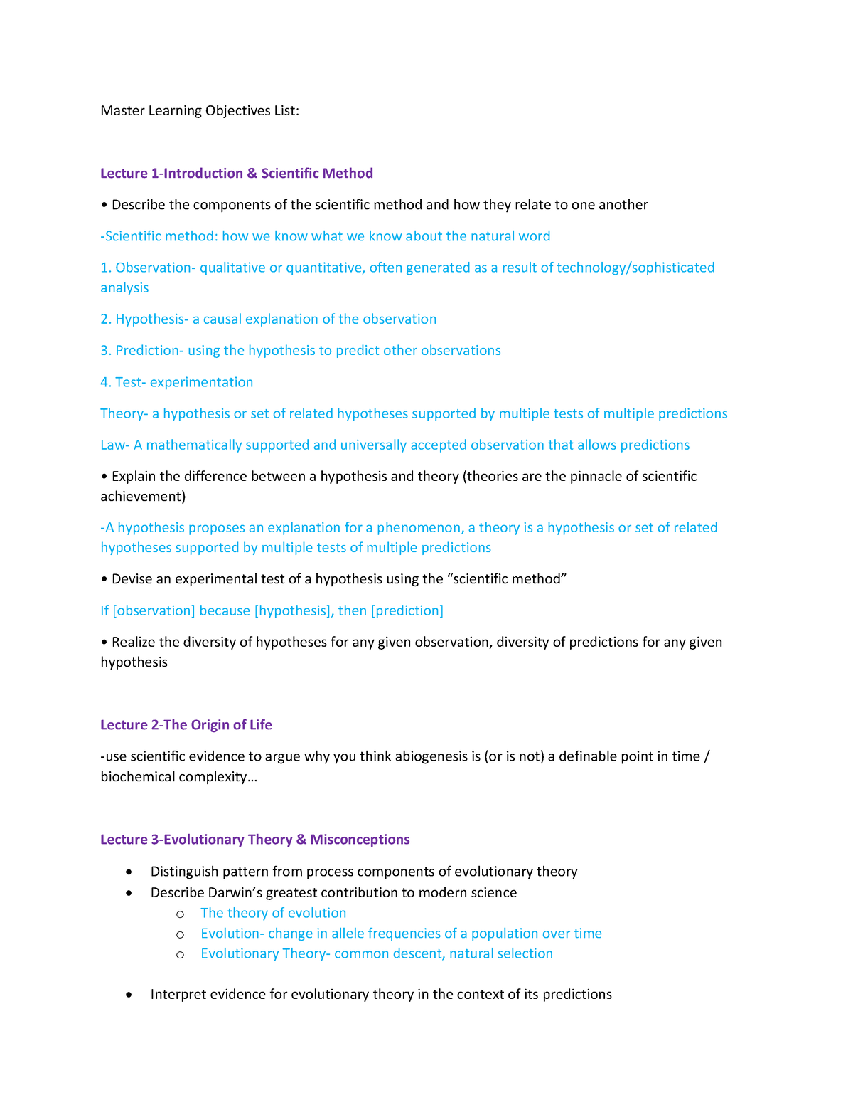 Bio Exam 1 Study Guide - Lecture Notes - Master Learning Objectives ...