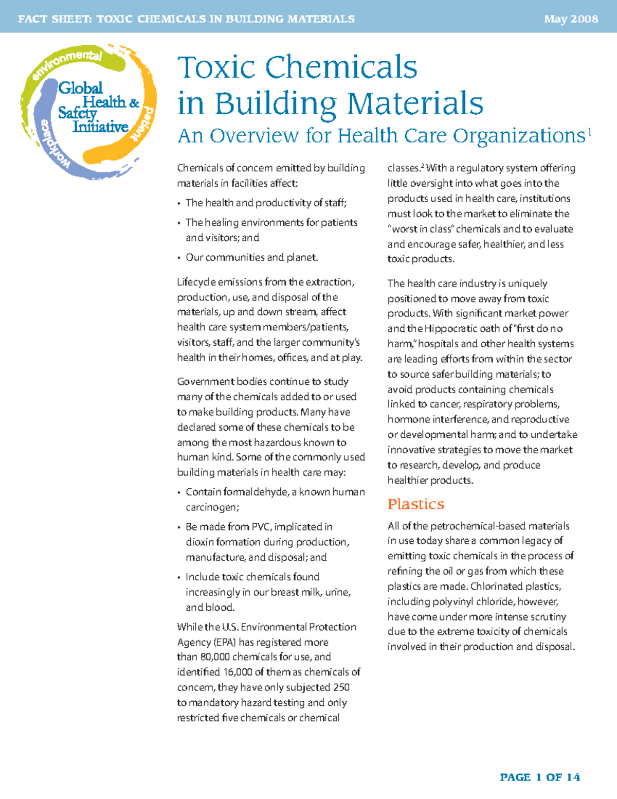 Toxic Chemicals IN Building Materials FACT SHEET TOXIC CHEMICALS IN