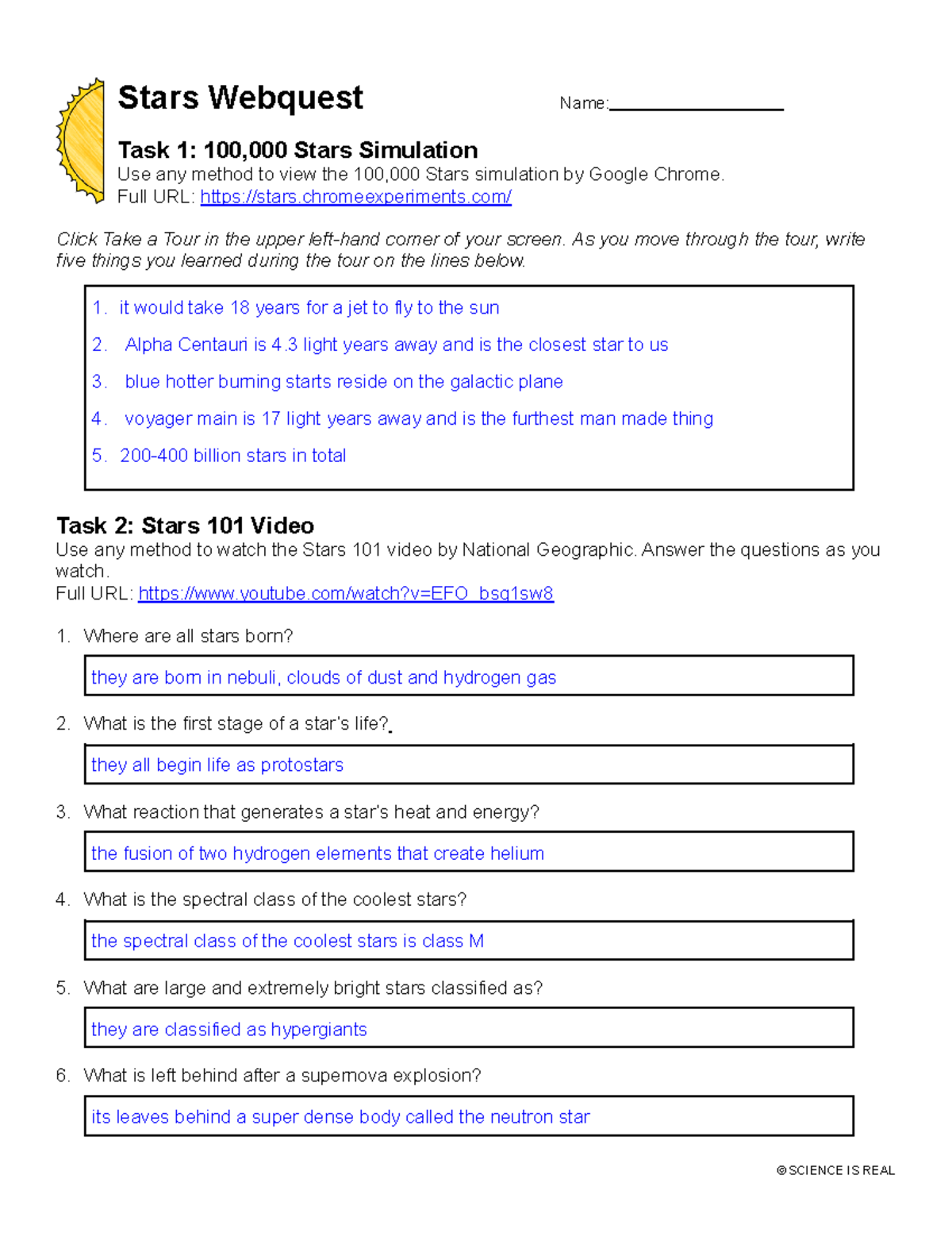 Copy Of Handout For Stars Webquest Stars Webquest Name Task