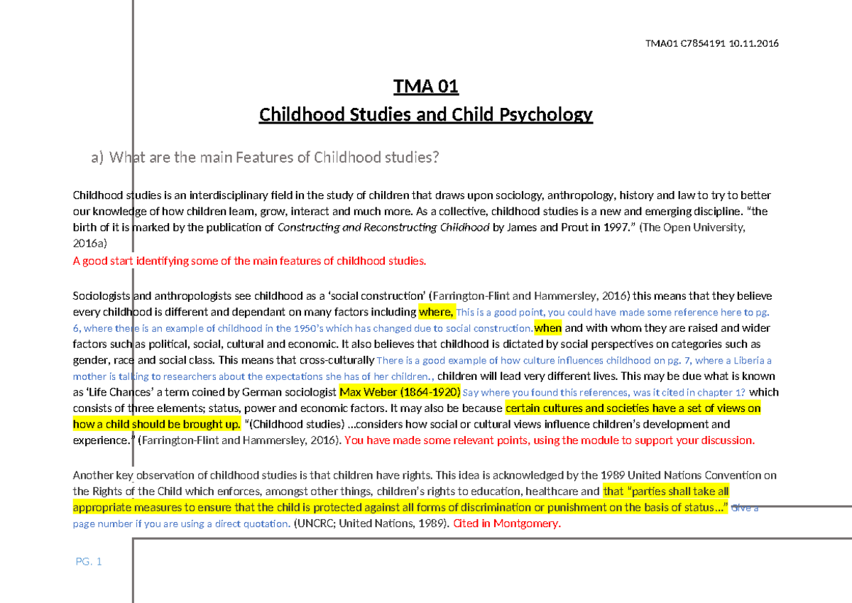 Tma01 With Comments - TMA 01 Childhood Studies And Child Psychology A ...