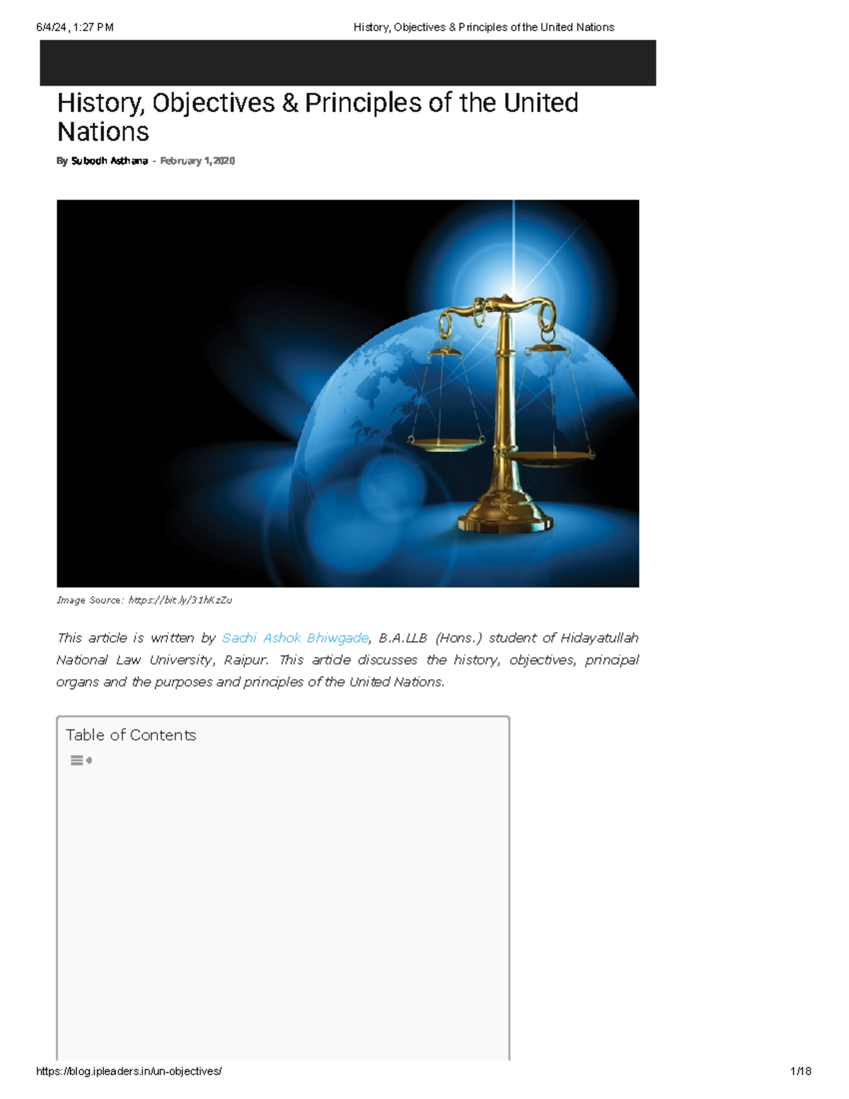 History, Objectives & Principles of the United Nations - A (Hons ...