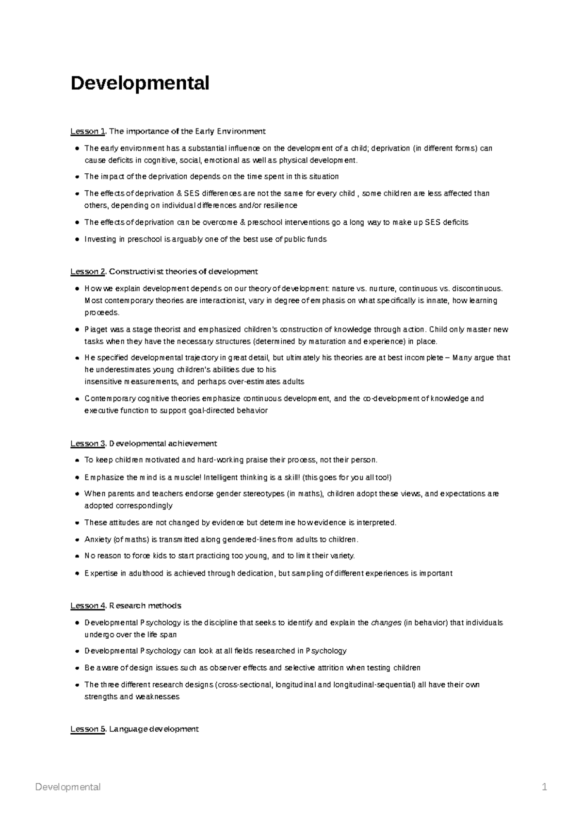 Developmentalrecap Take home messages in the end of each lectures Developmental 1