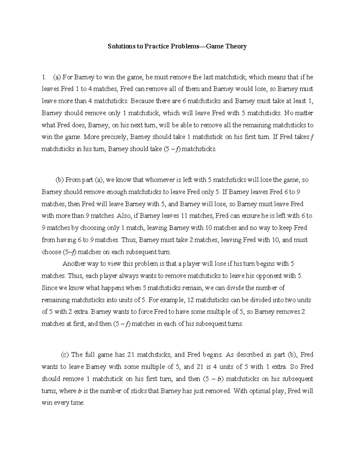 (Solutions) Practice Problems Game Theory - Solutions to Practice ...