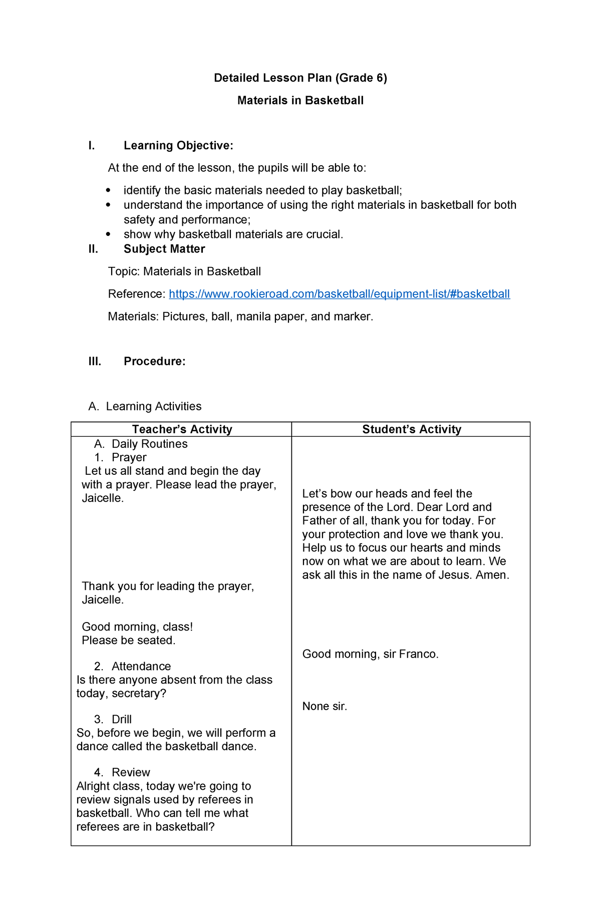 Basketball Detailed Lesson Plan (Autosaved) - Detailed Lesson Plan ...