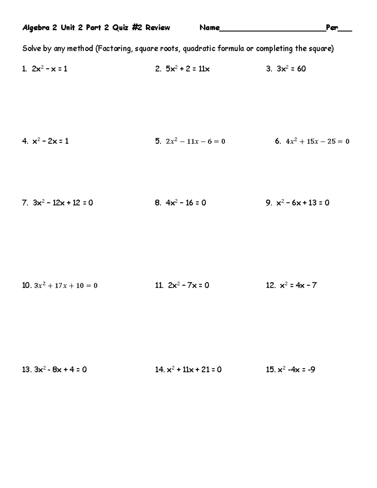Unit 2 Part 2 Quiz 2 Review Math 1020 Algebra 2 Unit 2 Part 2 Quiz