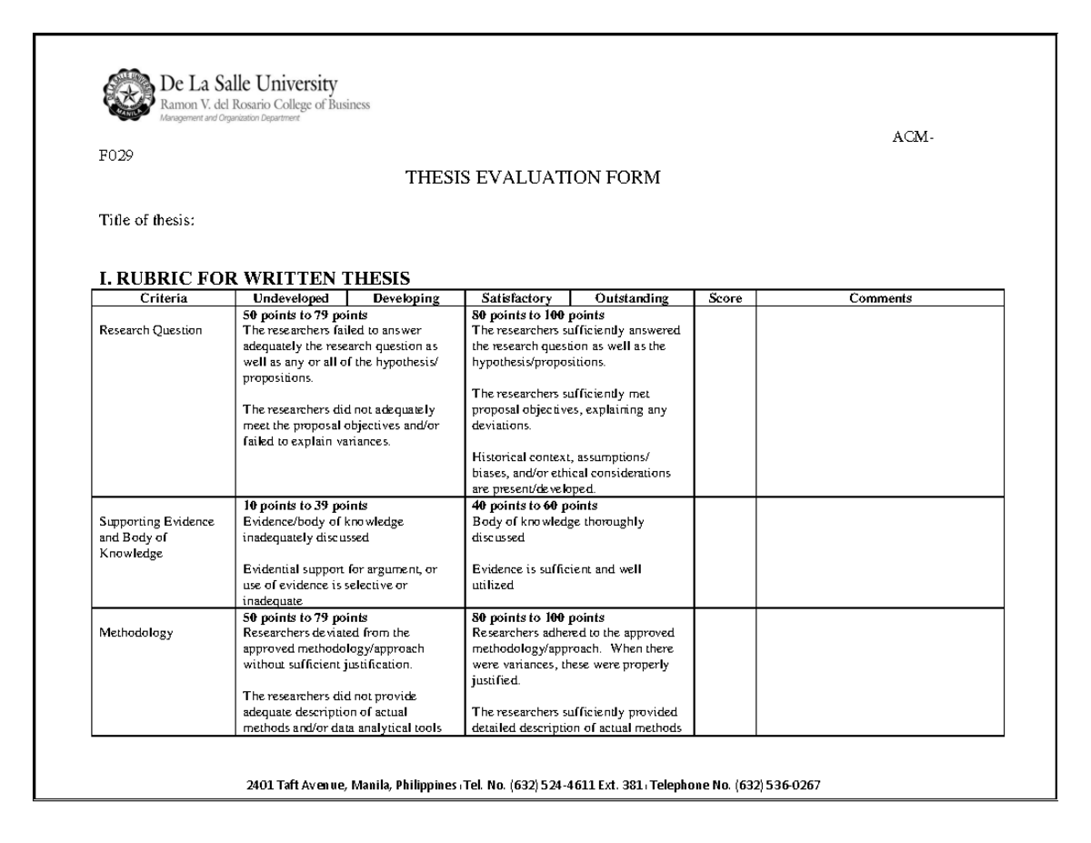 Acm F029 Thesis Evaluation Form F Thesis Evaluation Form Title Of