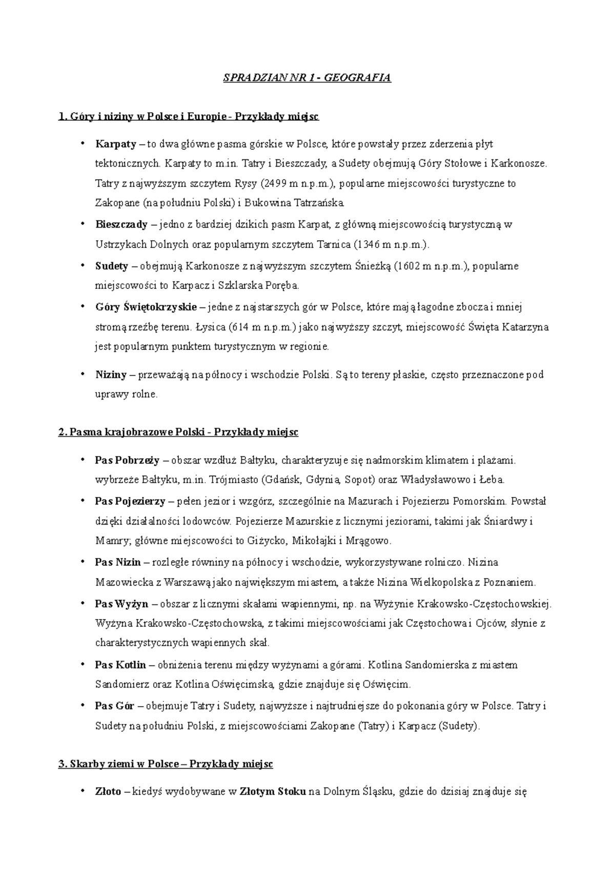 Sprawdzian NR 1 - Notatki w punktach podsumowujące tematy od 1 do 8