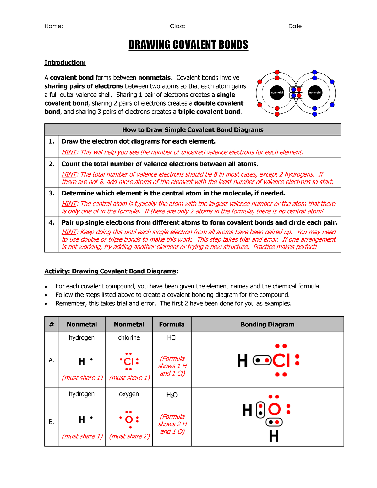 WS Drawing Covalent Bond Diagrams PDF Name Class Date DRAWING
