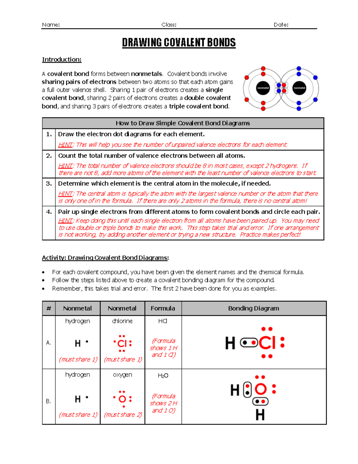 WS Drawing Covalent Bond Diagrams PDF Name Class Date DRAWING COVALENT BONDS Introduction 