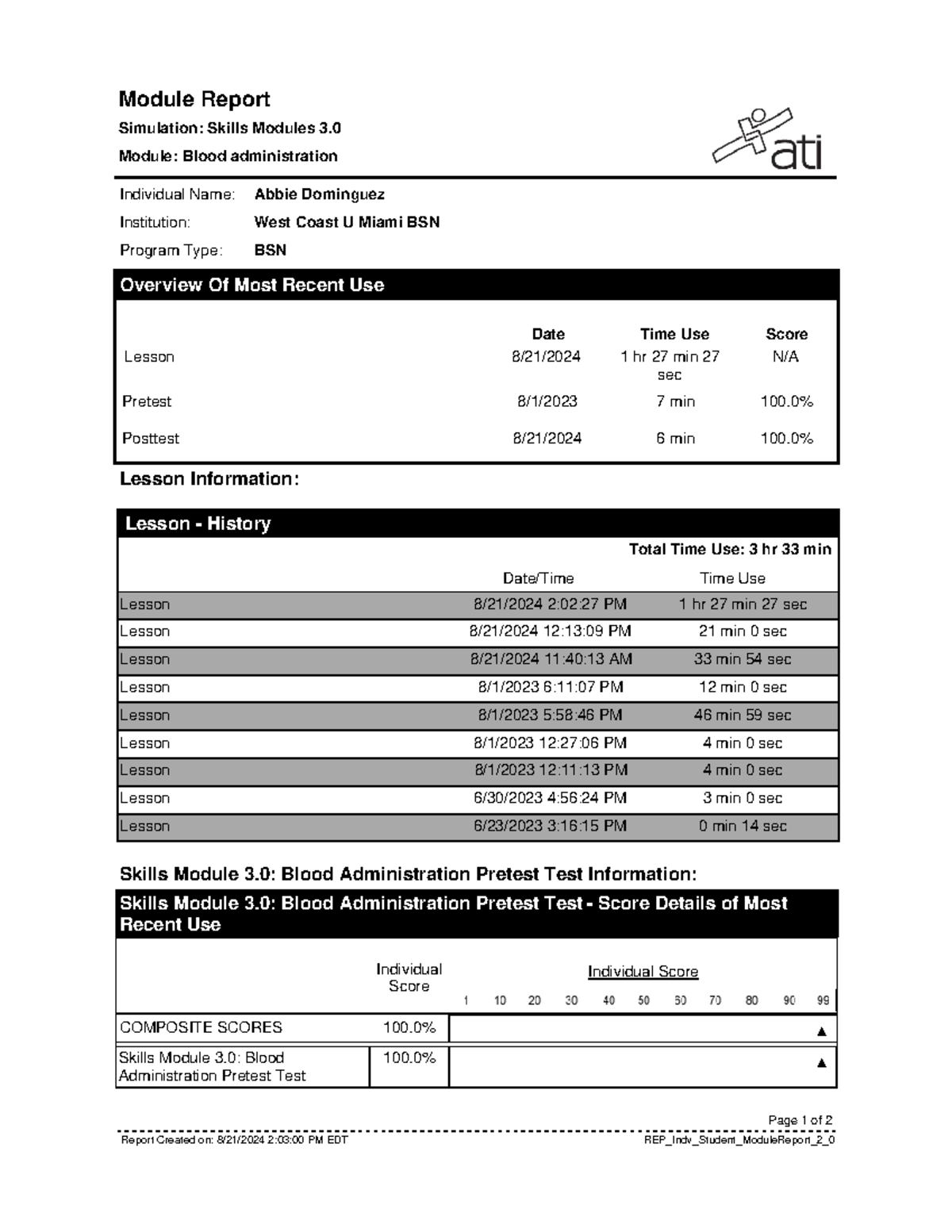 ATI Blood Administration Report - Module Report Simulation: Skills ...