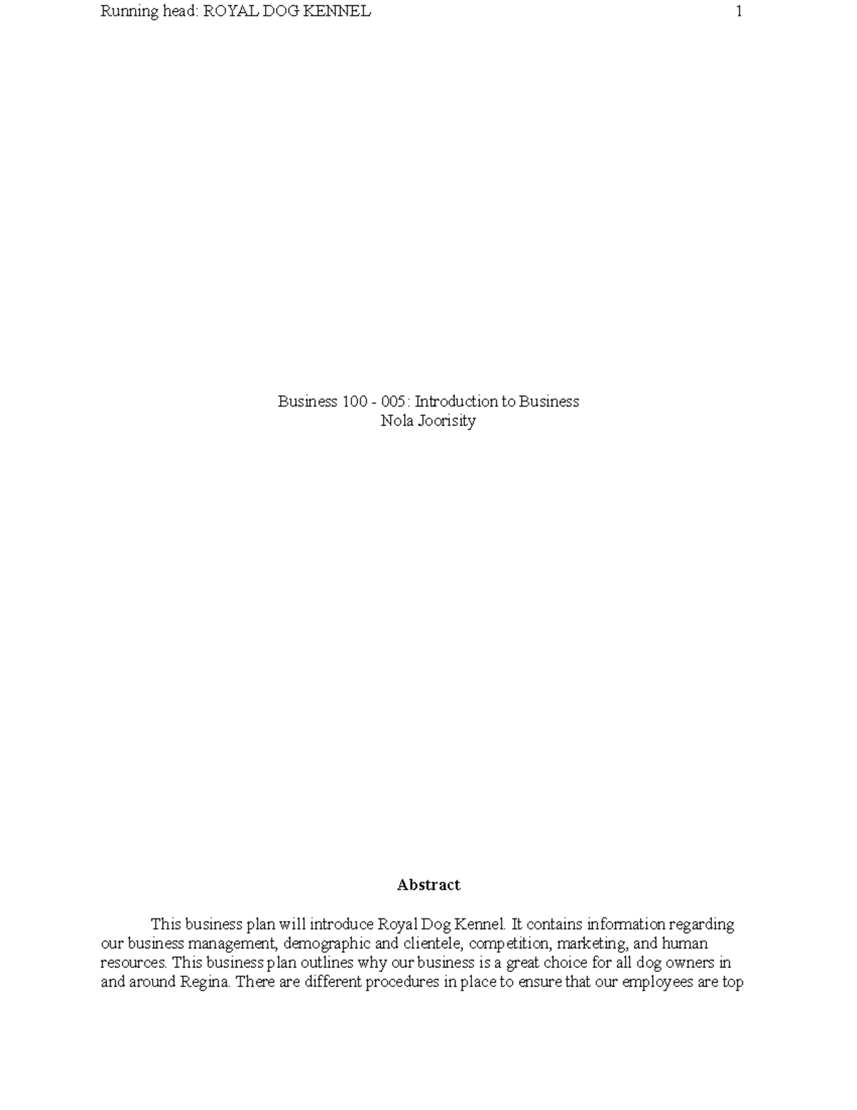 Business Plan Formal Final project Running head ROYAL DOG KENNEL 1