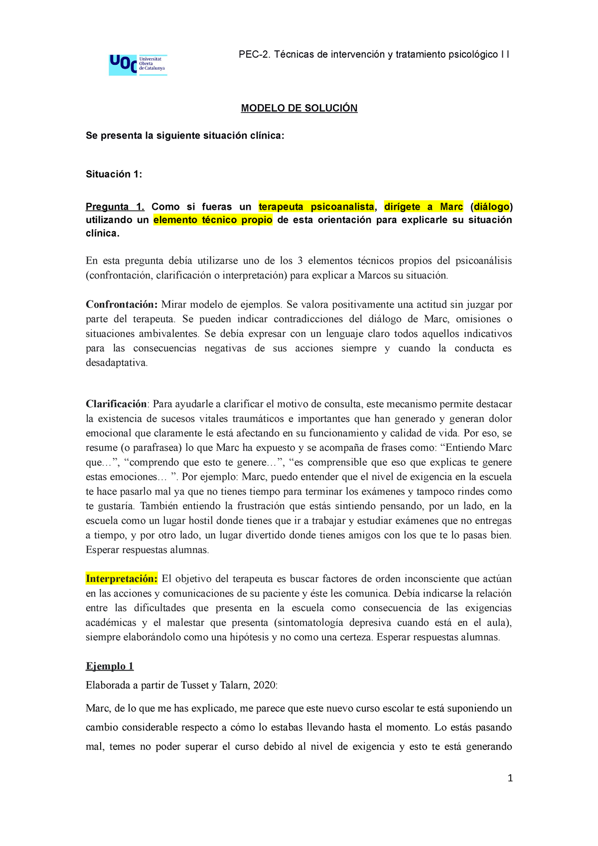 Corrección Pec 2 Y Ejemplos Pec 2 Técnicas De Intervención Y Tratamiento Psicológico I I 0214