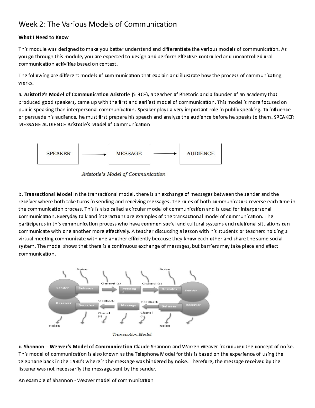 Week 2 oc - Models of communication - Week 2: The Various Models of ...