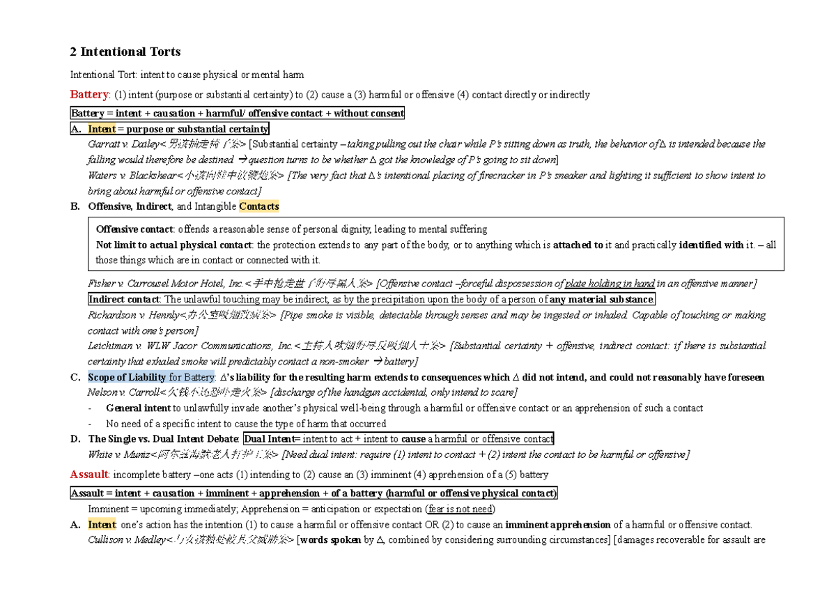 Torts 1 Outline简略版 2 Intentional Torts Intentional Tort Intent To Cause Physical Or Mental