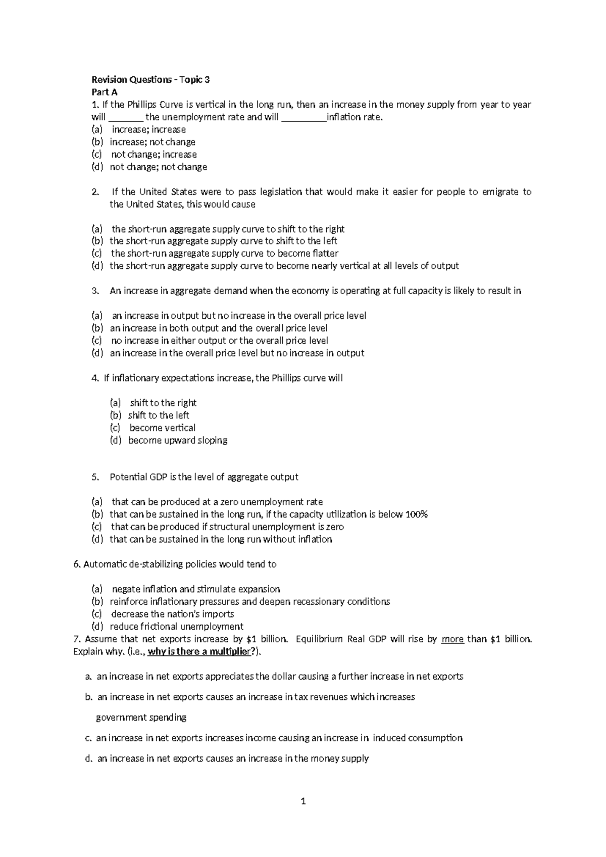 Topic 3 - econ - Revision Questions - Topic 3 Part A If the Phillips ...