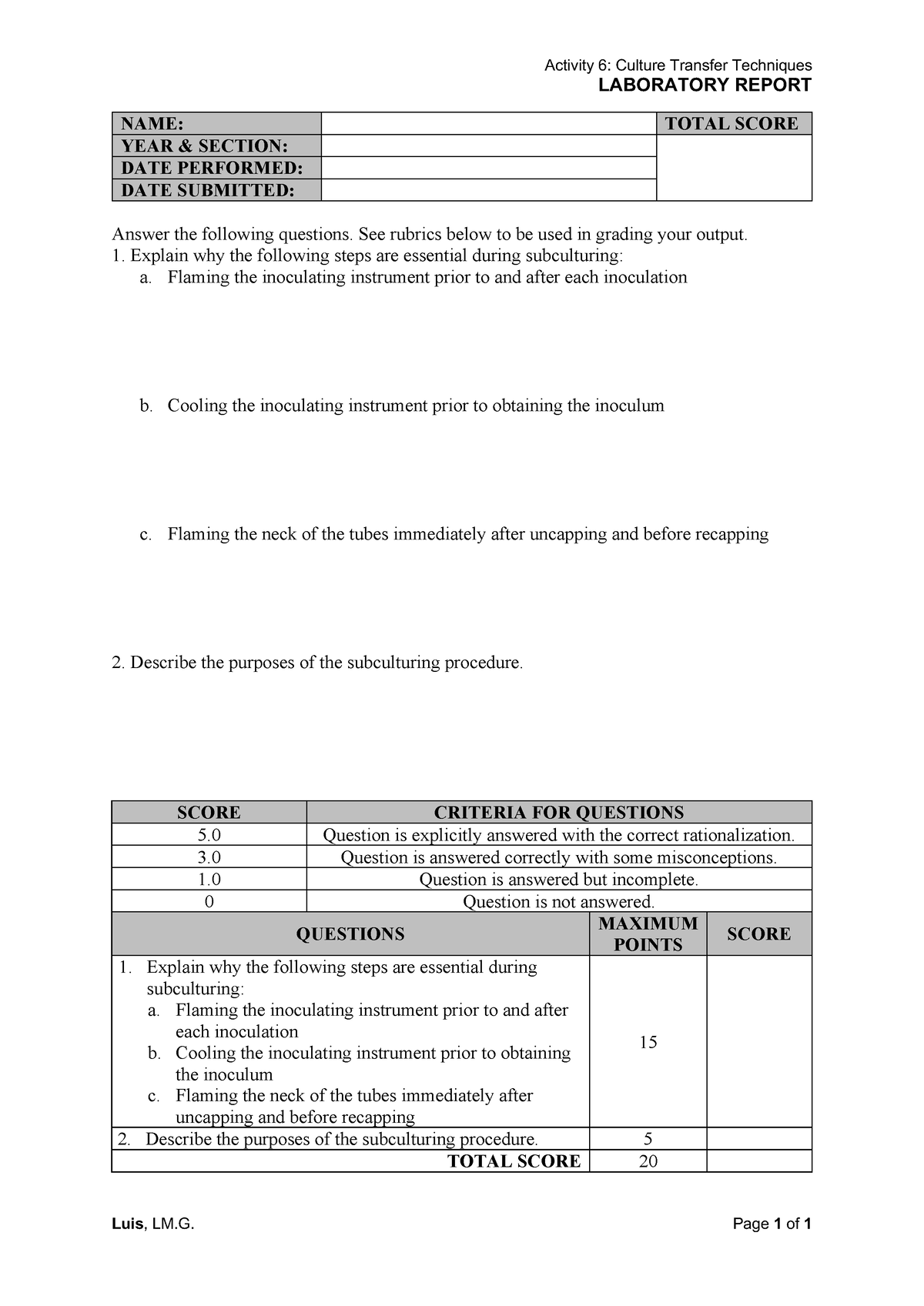 Rt54 Lab Activity 6 Laboratory Report - Activity 6: Culture Transfer 