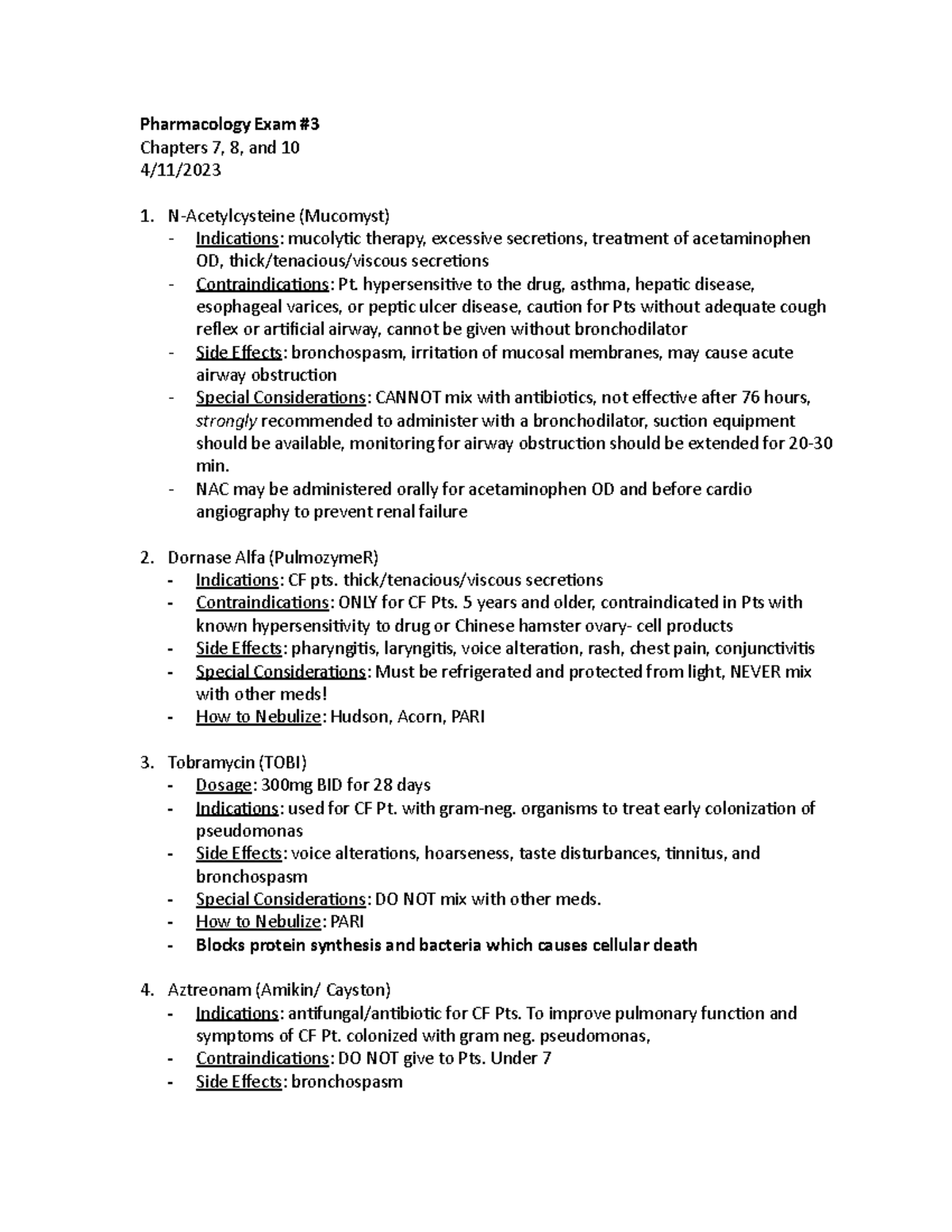 Pharmacology Exam 3 SG - Professor Bunch Spring 2023 Study Guide Exam 3 ...