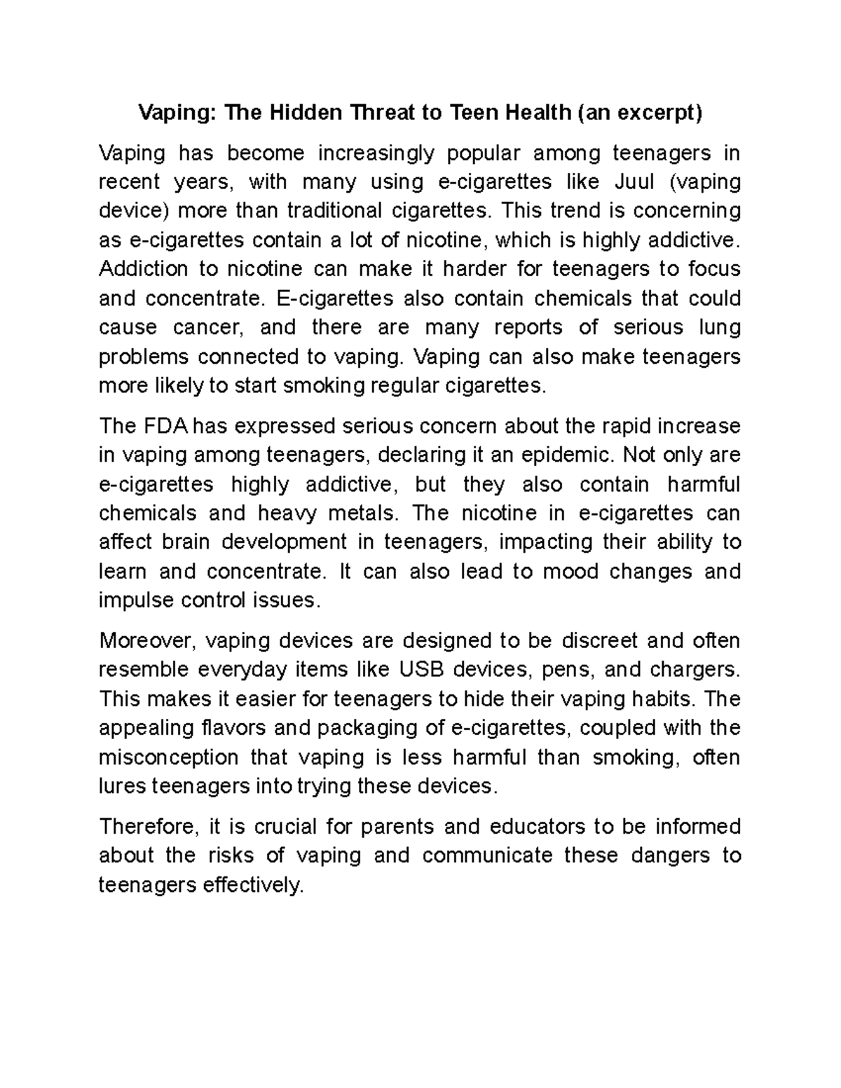 Excerpt - Vaping: The Hidden Threat to Teen Health (an excerpt) Vaping ...