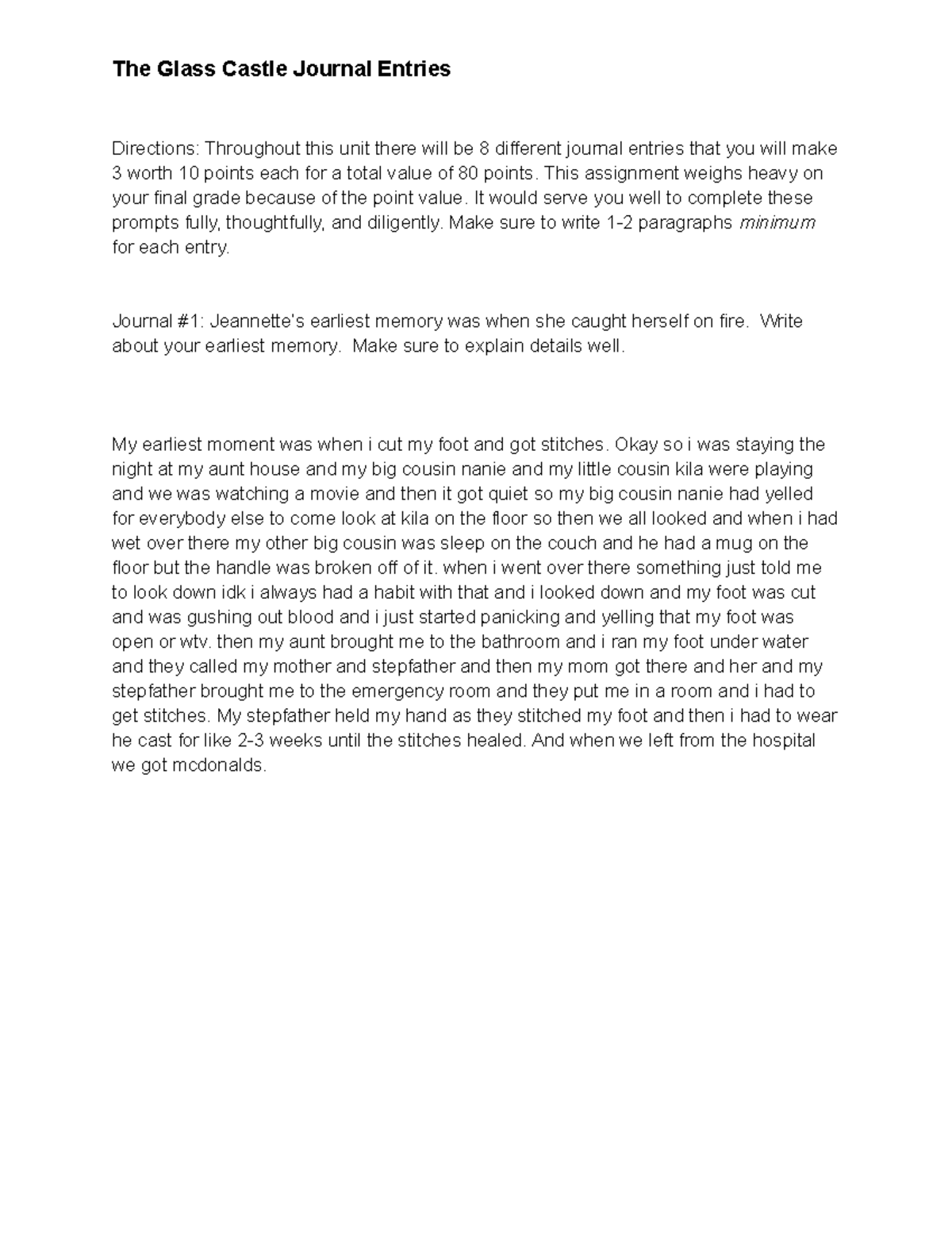 Zymirah Benekin The Glass Castle Journal Entries Directions