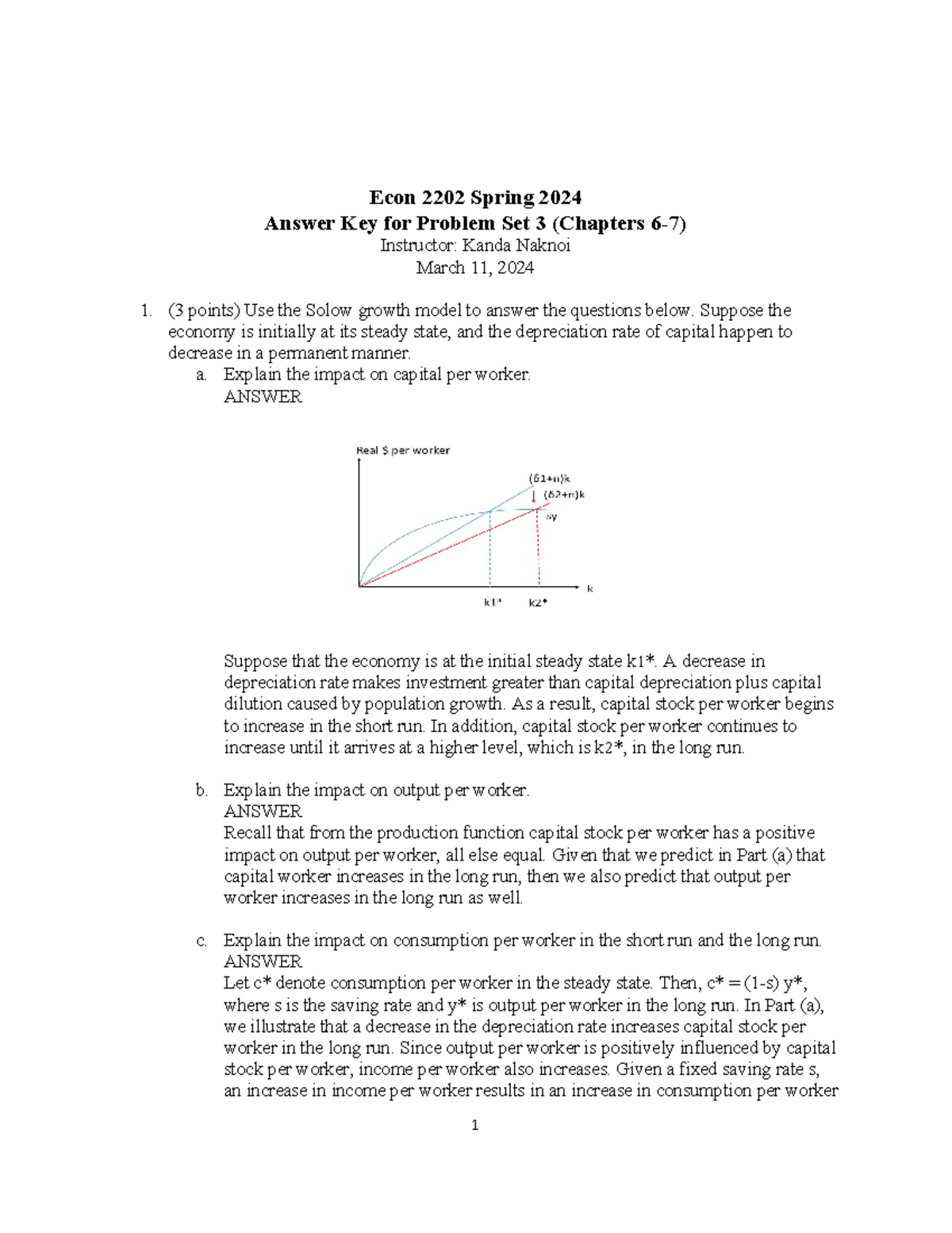 Answer 3 worksheet 1 Econ 2202 Spring 2024 Answer Key for Problem