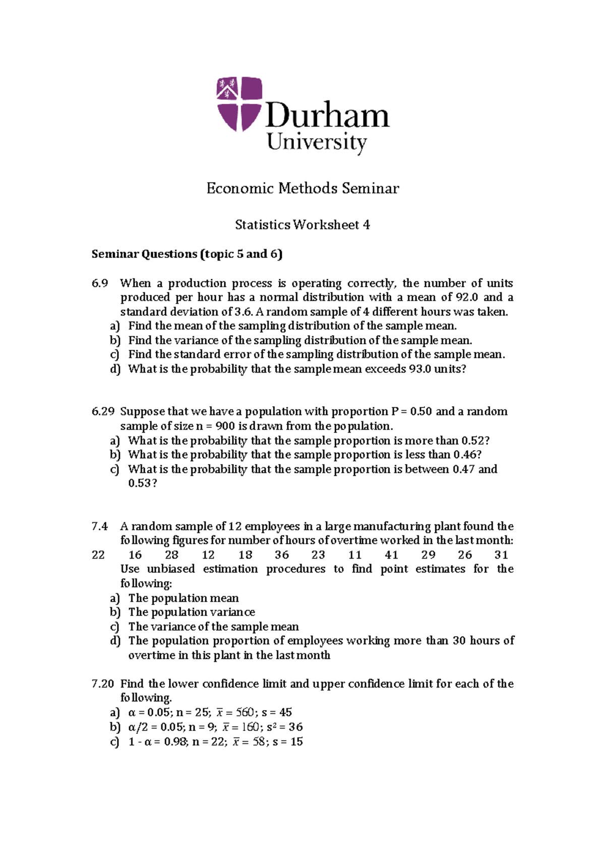 Confidence Intervals Hypothesis Testing Questions Economic Methods