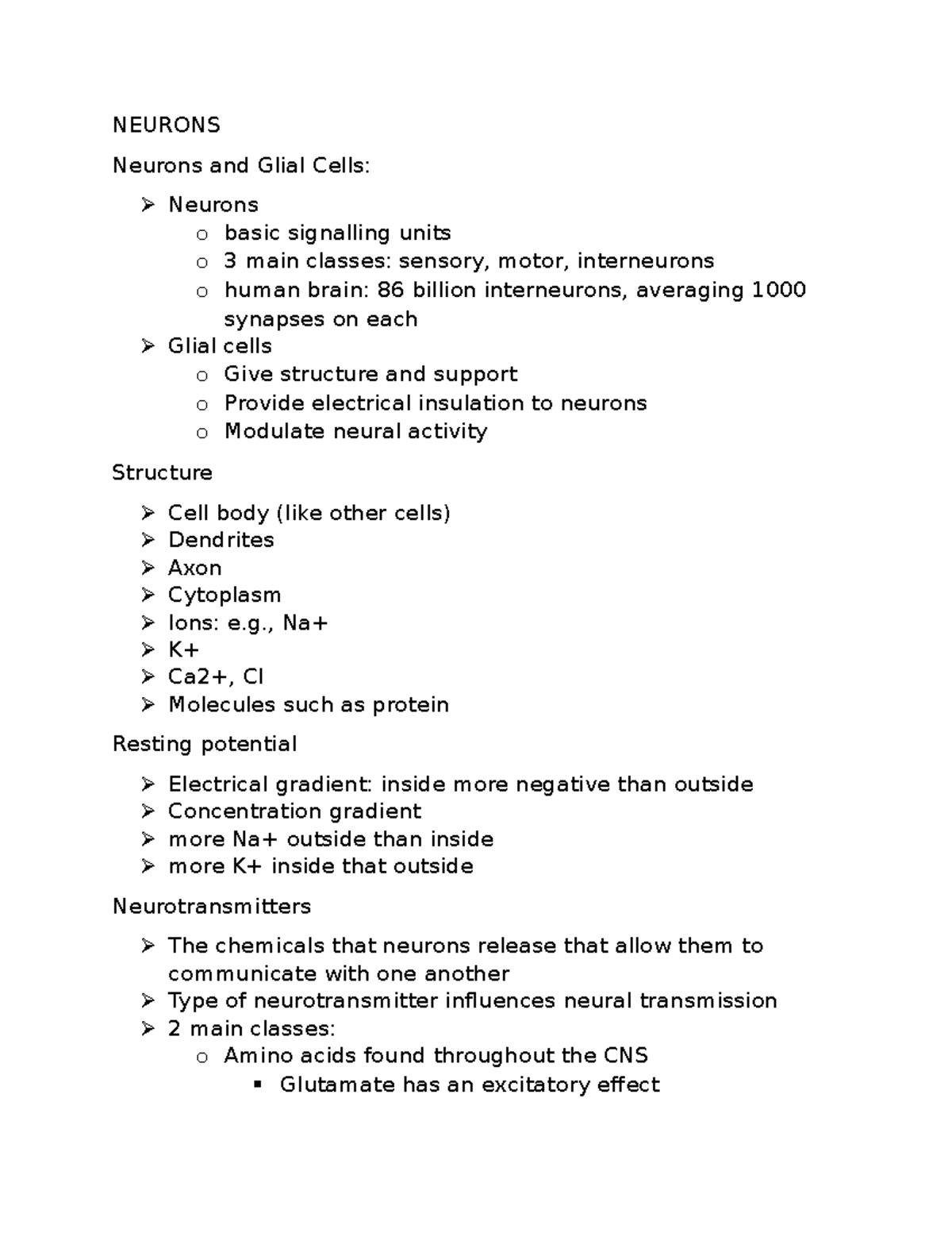 Cog Neuro - lecture notes - NEURONS Neurons and Glial Cells: Neurons o ...