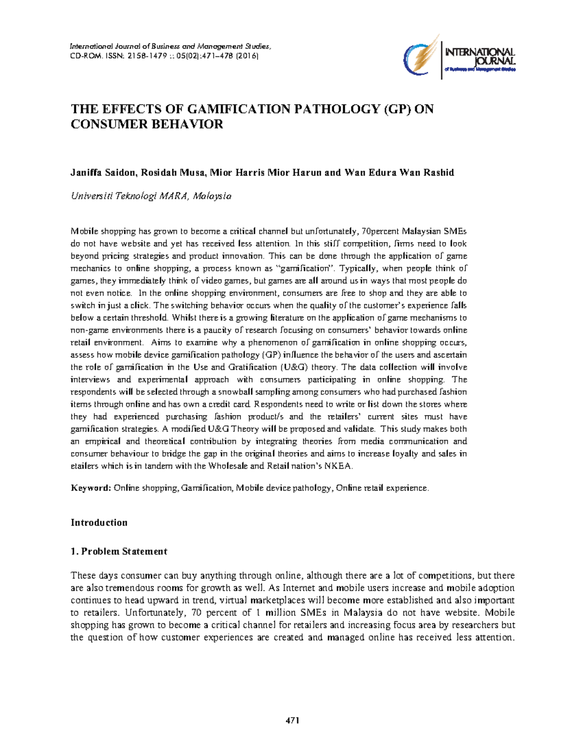 THE Effects OF Gamification Pathology GP - International Journal of ...