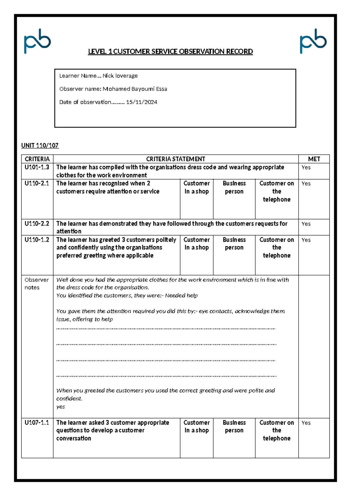 Observation Customer service V2 - LEVEL 1 CUSTOMER SERVICE OBSERVATION ...