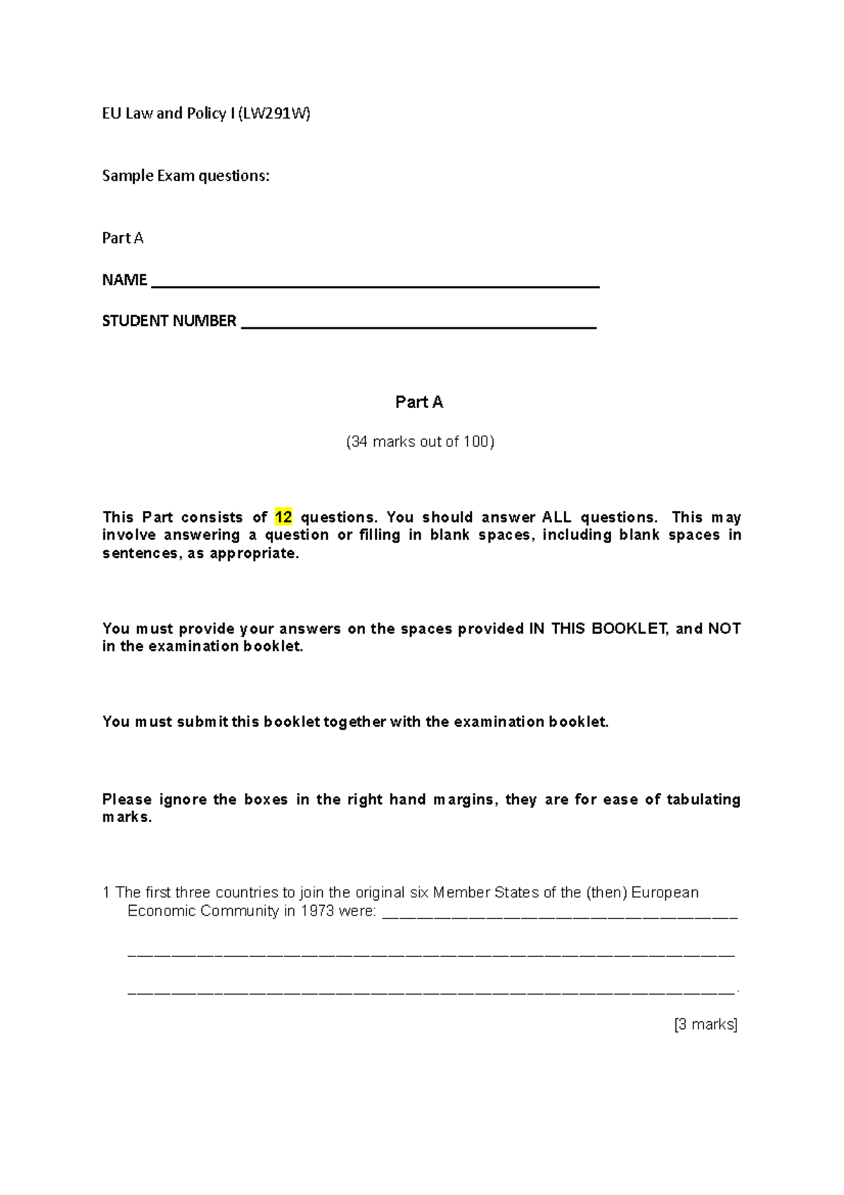 EU LAW LW291 W sample exam - EU Law and Policy I (LW291W) Sample Exam ...