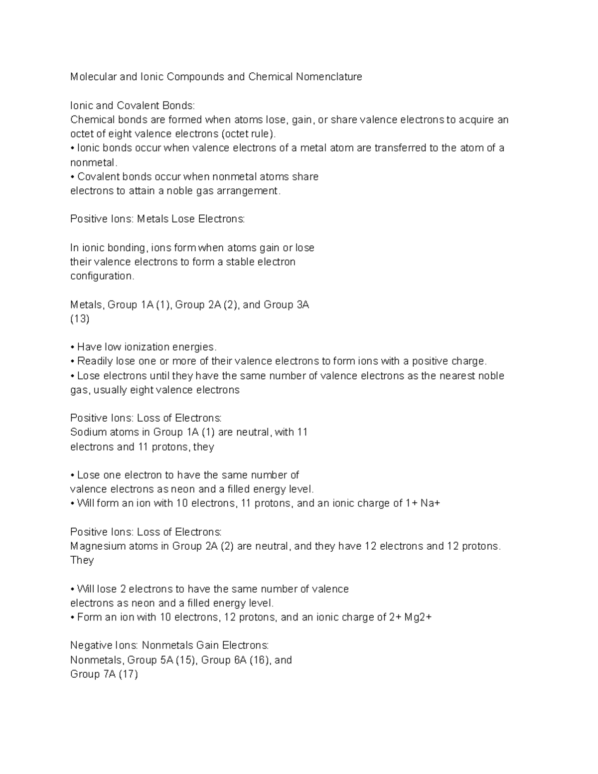 Ch2.6-2.7 Chem 106 Notes - Molecular and Ionic Compounds and Chemical ...