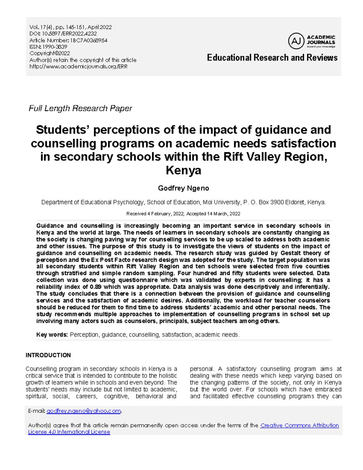 Research On School Guidance - Vol. 17(4), Pp. 145-151, April 2022 DOI ...