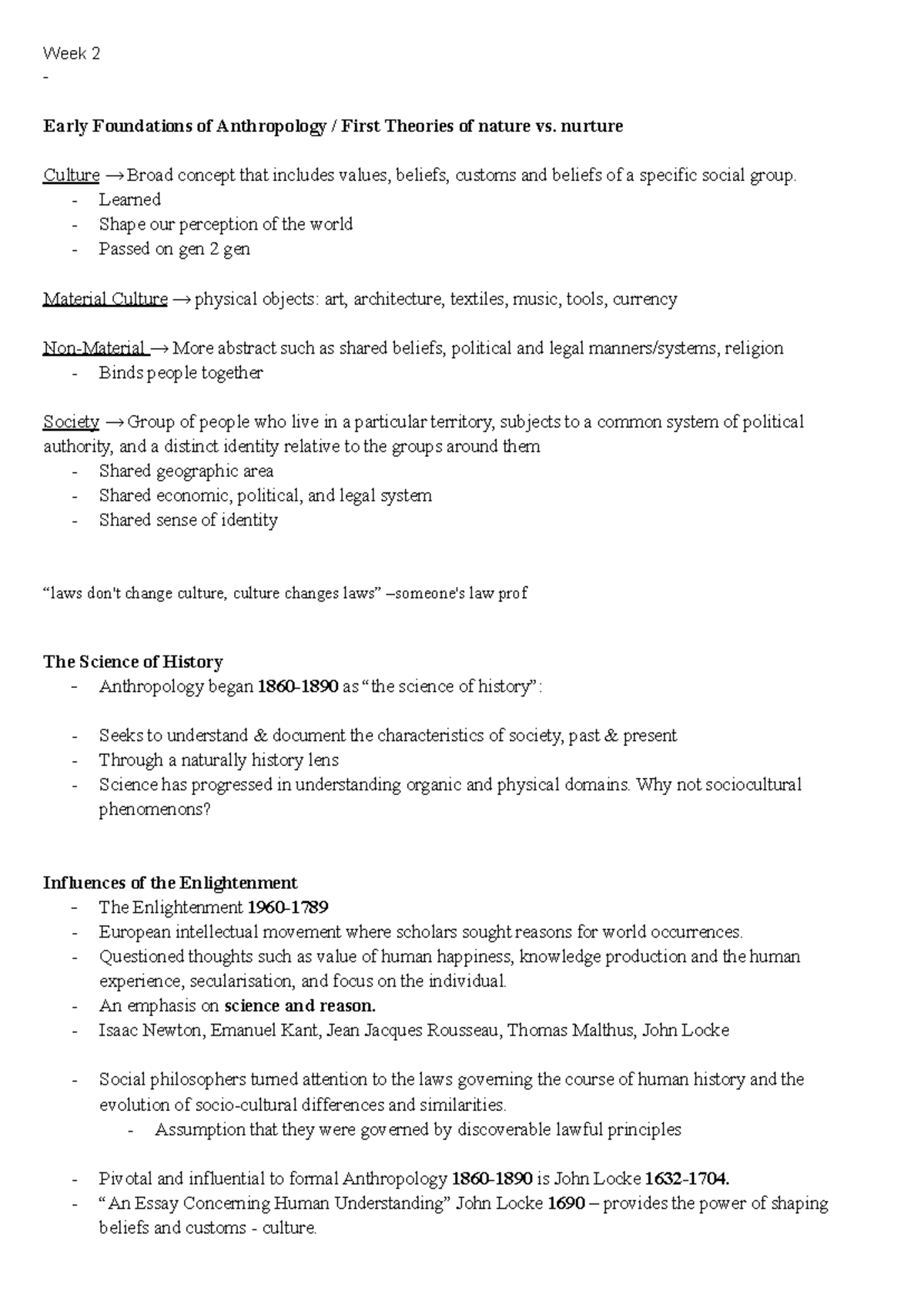 Anthro notes - uhikjkihgghghhuiioiokok - Week 2 - Early Foundations of ...