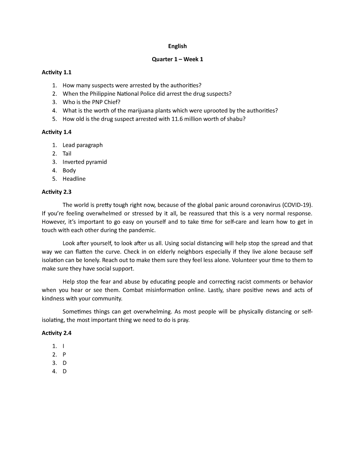 English Q1W1 - English Quarter 1 – Week 1 Activity 1. How Many Suspects ...