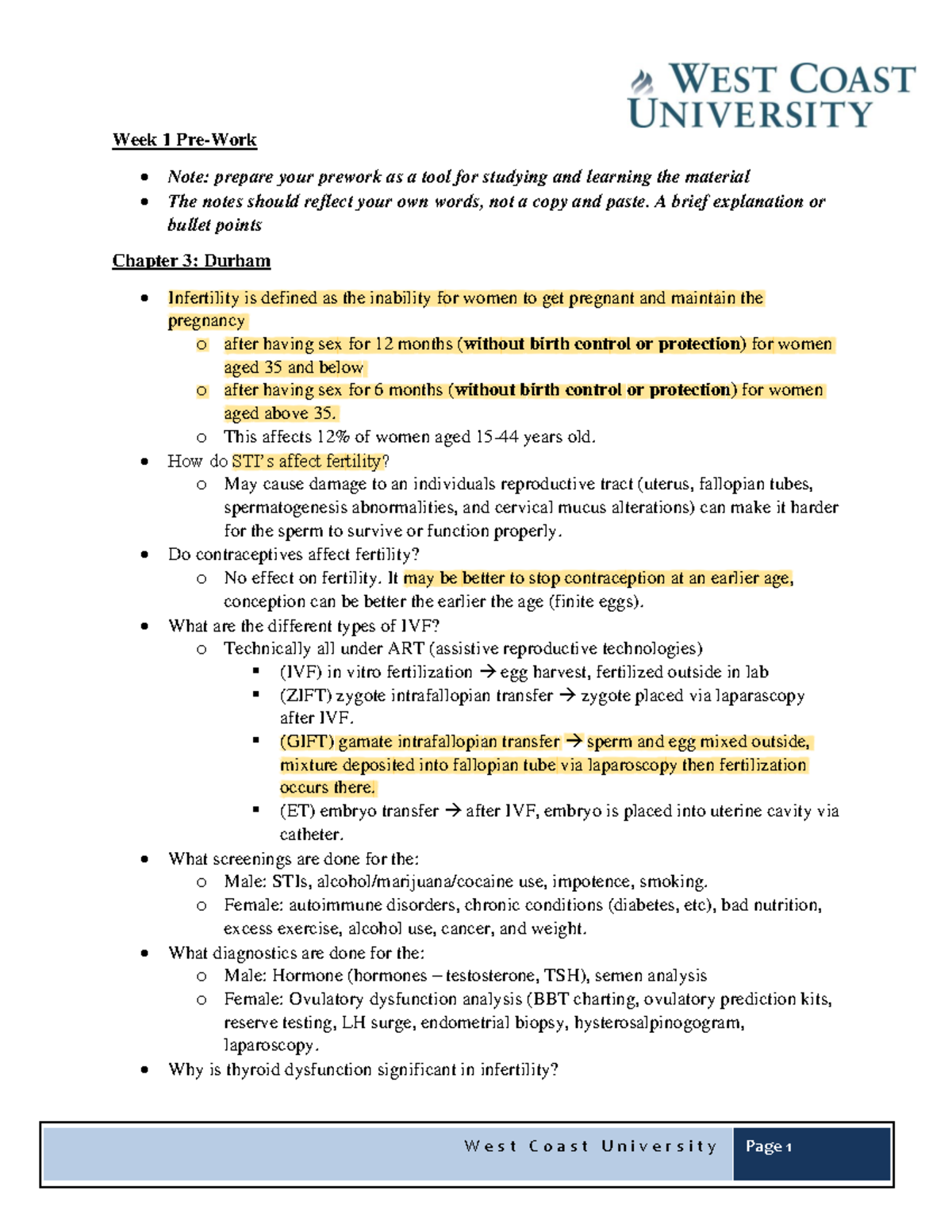 ALL OB Prework copy - W e s t C o a s t U n i v e r s i t y Page 1 Week ...