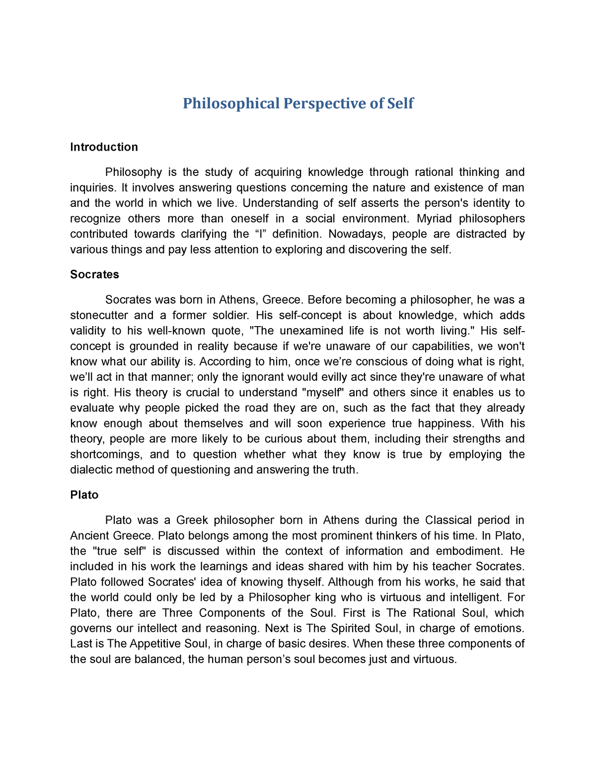 write an essay on the philosophical perspective of the self